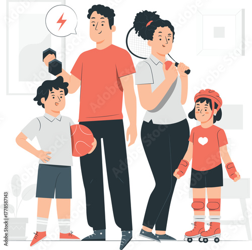 Family with sports equipment ready for activity fitness health