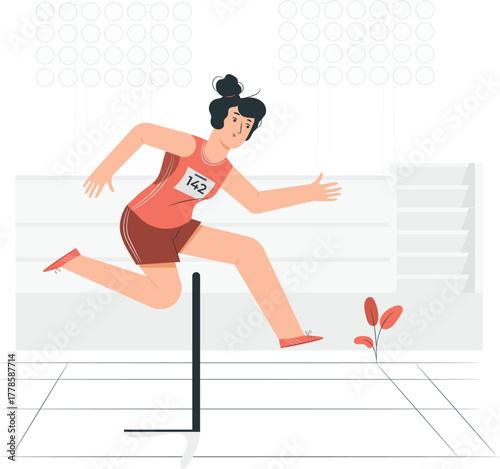 Female athlete hurdles during a race on a track woman runner