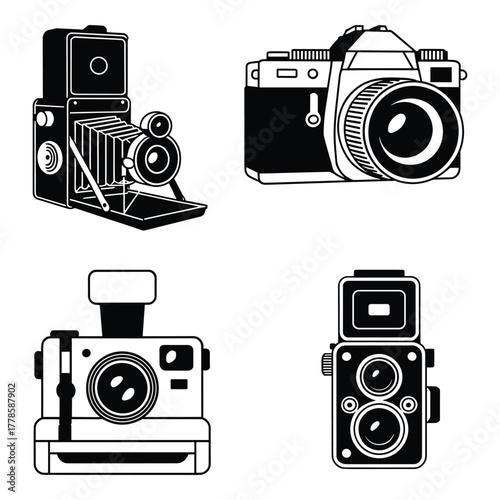 Old cameras set black and white vector illustration