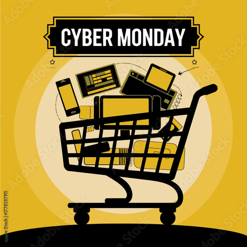 Cyber monday shopping cart filled with electronics like smartphones and laptops, representing online deals and discounts during the holiday season