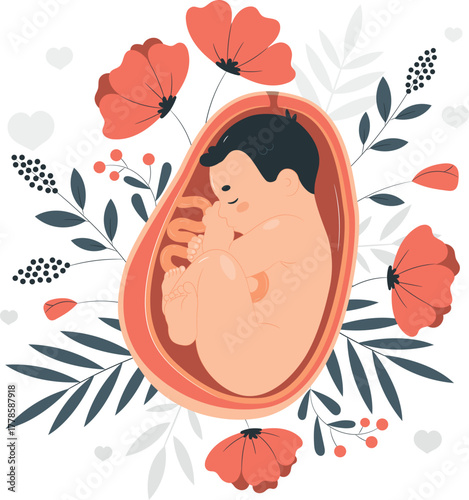 Fetus in womb surrounded by floral elements and hearts baby pregnancy