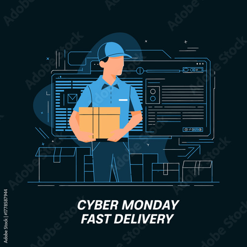 Delivery man in uniform holding a package, with cyber monday fast delivery text and shipping boxes, dark background