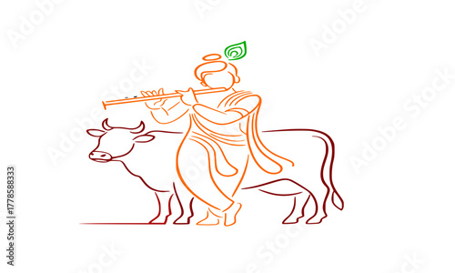 Minimalist Line Art of Lord Krishna with Flute and Cow,Abstract Hindu God Vector,Serene Spiritual Illustration