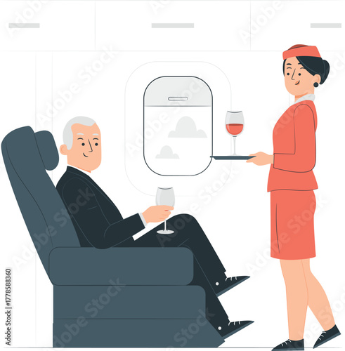 Flight attendant serving wine to businessman on airplane first class service