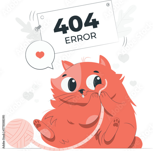 Fluffy cat plays with yarn near 404 error sign error message kitten