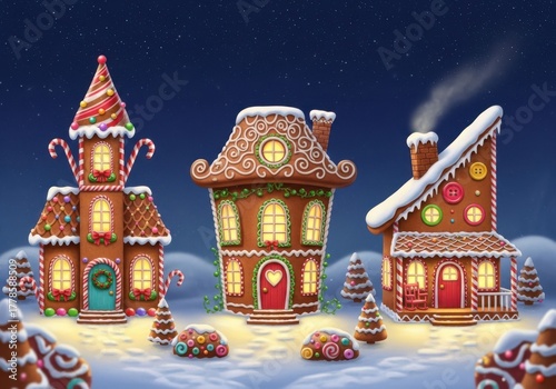 Whimsical christmas gingerbread houses illuminated in snowy night scene