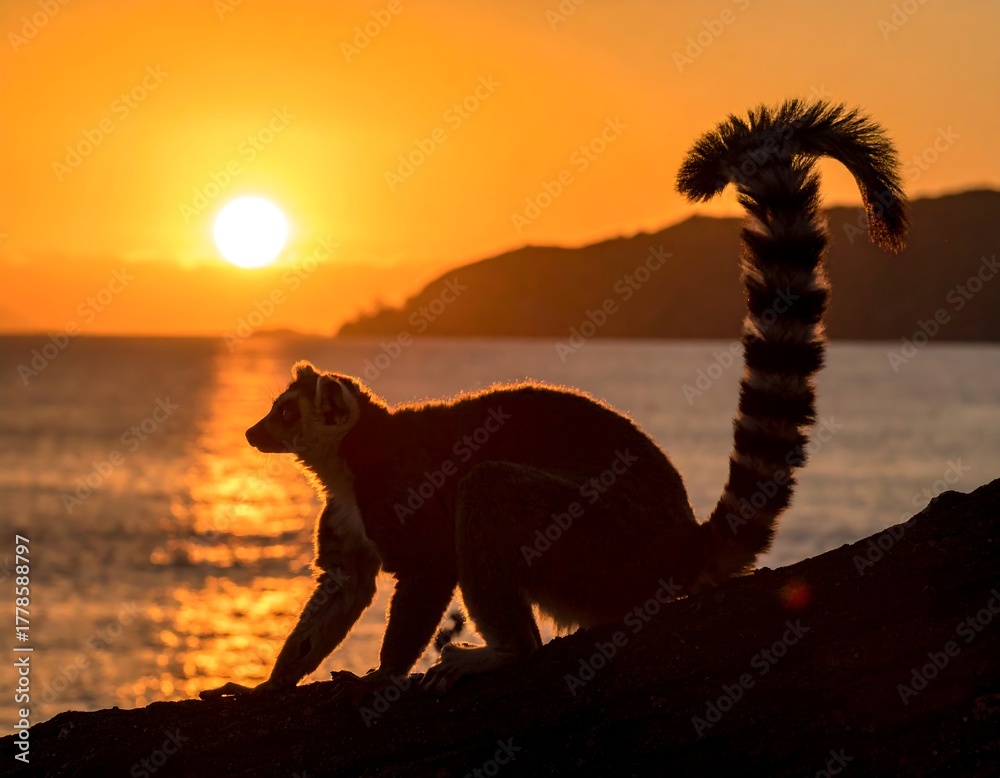 Obraz premium Silhouette of lemur, tail curled, with a golden sun over the ocean