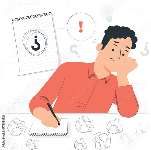 Frustrated Man Struggling with Writer's Block and Ideas thinking