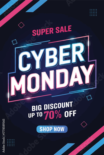 Vector art of cyber monday super sale banner with a big discount up to 70 off, featuring glowing neon text and a dark blue background with abstract geometric shapes and lines