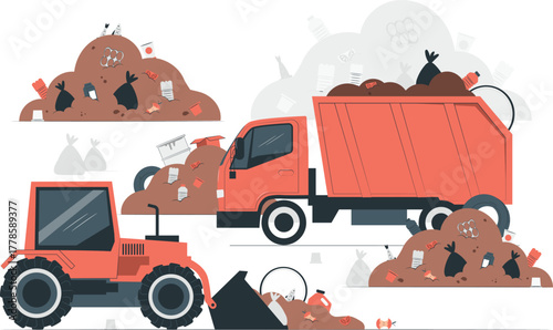 Garbage truck and tractor with piles of trash and waste Keywords: garbage, trash, waste, truck