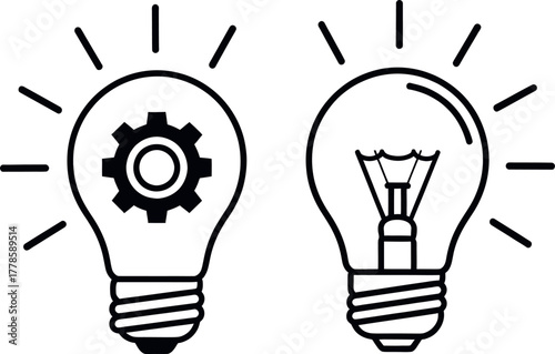  Two light bulbs, one with a gear inside and one lit, symbolizing innovation, ideas, and mechanical engineering