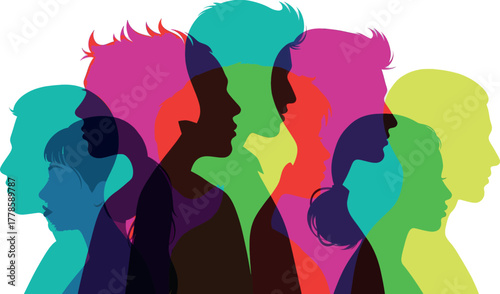  Diverse group of people in colorful silhouettes, representing unity and community
