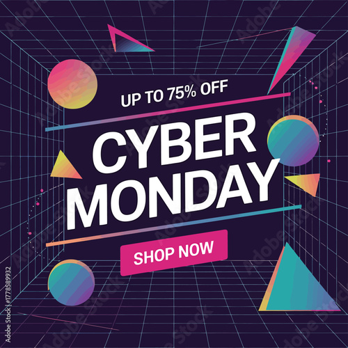 Vector art of cyber monday sale with up to 75 off, featuring geometric shapes and a 3d grid effect, promoting online shopping and discounts