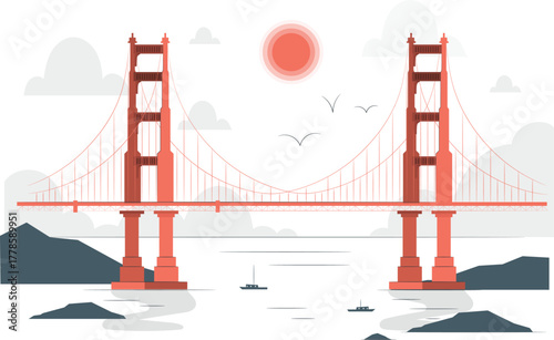 Golden Gate Bridge with Boats and Sun francisco