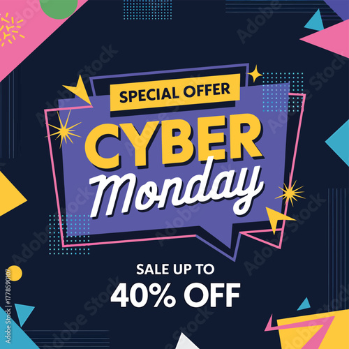 Vector art of cyber monday special offer with sale up to 40 off, featuring bold typography and geometric shapes on a dark background, perfect for online retail promotions