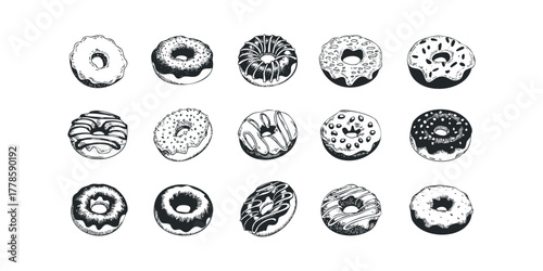 Collection of Hand Drawn Pastry Doughnuts with Various Toppings