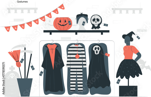 Halloween costumes displayed for sale with decorations shop store