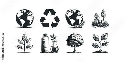 Set of illustrations on ecology and growth