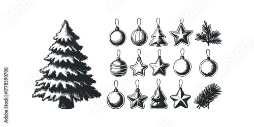 Hand Drawn Fir Tree with Ornaments and Pine Sprigs