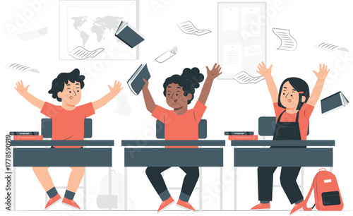 Happy students throwing books and papers in classroom celebration children kids