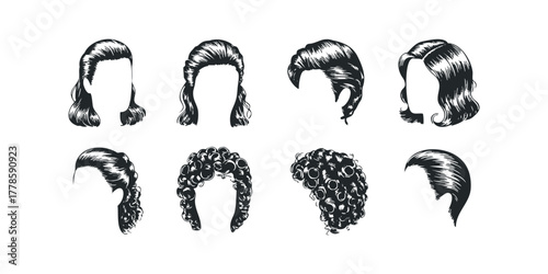 Collection of black and white hand-drawn hairstyle silhouettes
