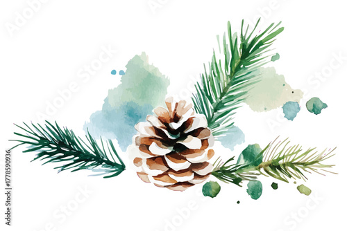Watercolor fir pine cone on branches Christmas winter illustration for New Year holiday decoration greeting card and invitation design with abstract splashes