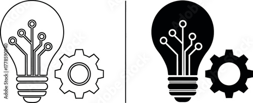  Split image showing a light bulb with circuitry and a gear in both outline and silhouette style, representing technological innovation and mechanical engineering