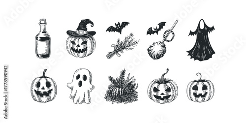 Halloween objects collection carved pumpkins and ghost