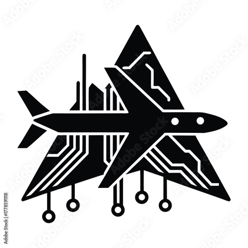 Airplane over Mountains Tech Silhouette Vector