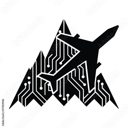 Airplane over Mountains Tech Silhouette Vector