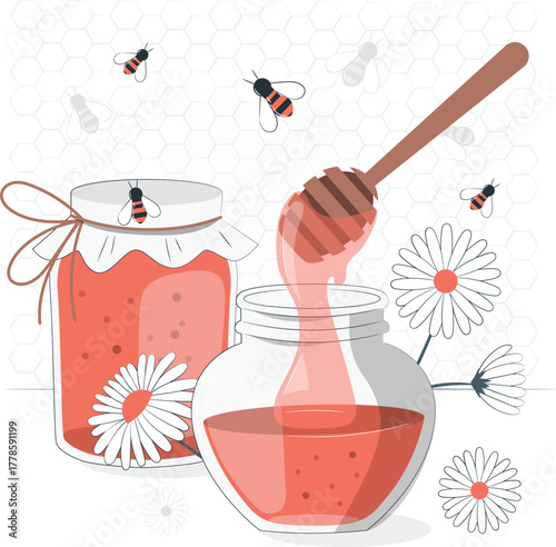 Honey jars with bees and daisies on honeycomb background honey dipper