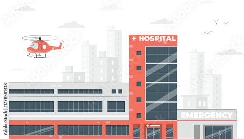 Hospital building with emergency entrance and helicopter medical