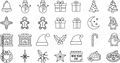 Winter holiday line art icons set featuring Christmas gifts, snowmen, trees, penguins, decorations, New Year symbols, fireplace, festive food elements