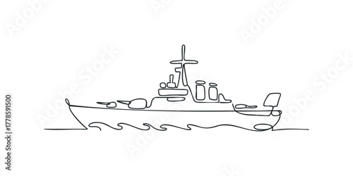 Single line drawing of a warship at sea