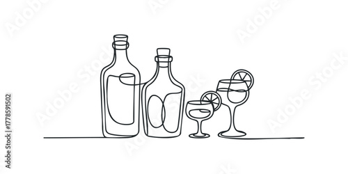 Continuous line drawing of two bottles and two cocktails with citrus slices