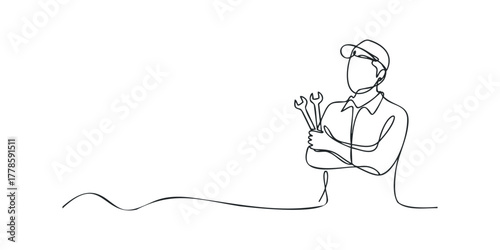 Mechanic with Wrenches Single Line Drawing
