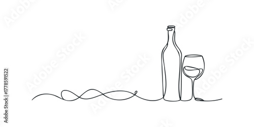 Continuous line drawing of wine bottle and glass