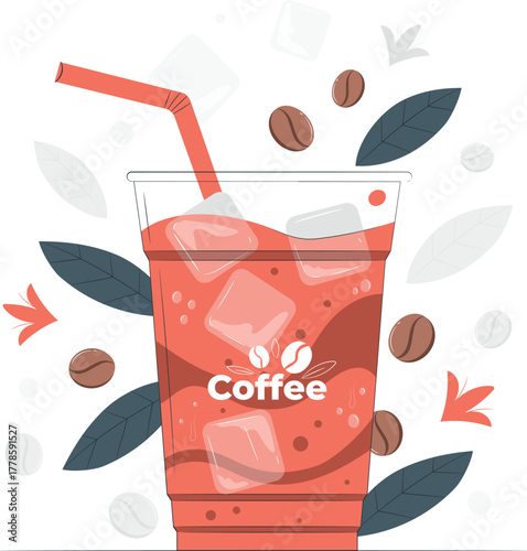 Iced coffee drink in a clear plastic cup with straw and coffee beans beverage cold drink