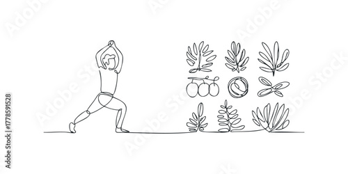 Line art figure in yoga pose with plant elements