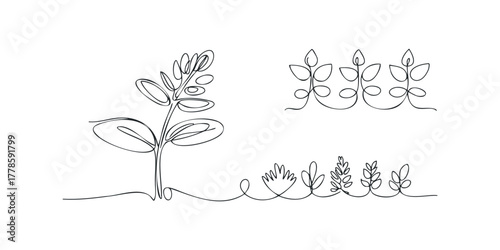 Continuous line drawing of sprouting plant and leaves