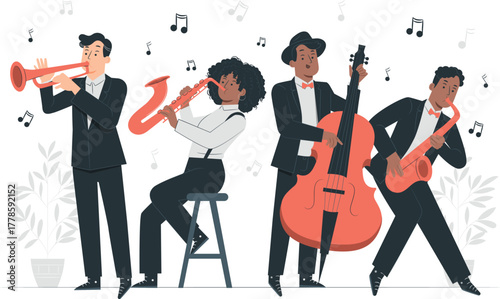 Jazz band playing instruments with musical notes musicians