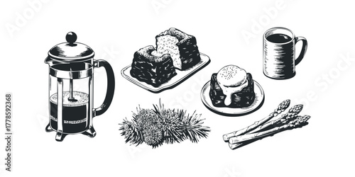 Food and drink elements collection with coffee press and pastries