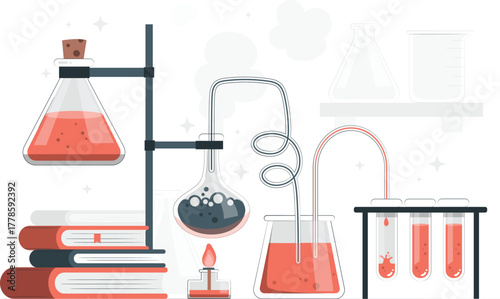 Laboratory experiment with flasks beakers and books science chemistry
