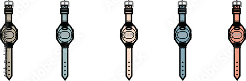 Five minimalist digital watches, each with an adjustable strap, in diverse pastel and earth tone colors, ideal for modern fashion and timekeeping accessories