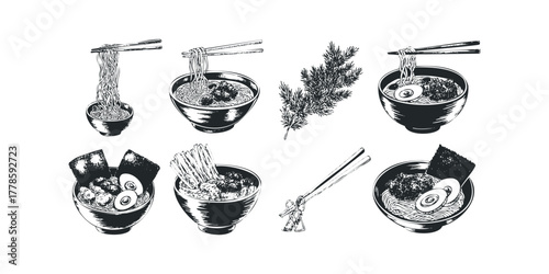 Bowl of noodles with chopsticks and sprigs