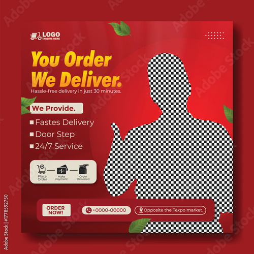Delivery man with pizza boxes promoting fast delivery service on social media
