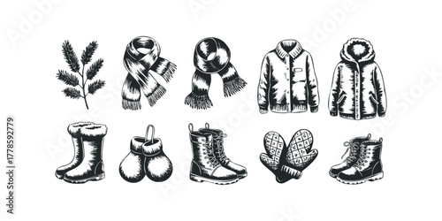 Winter clothing and accessories collection sketch