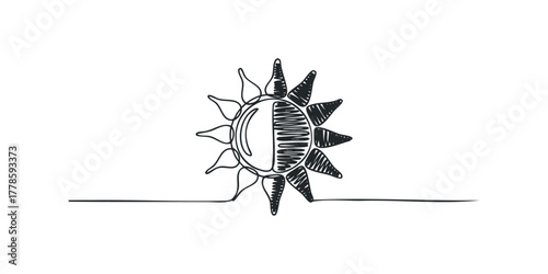 Simple continuous line drawing of a sun with ray highlights