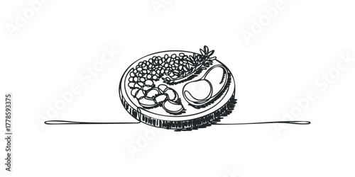 Line drawing of a breakfast plate with eggs and beans