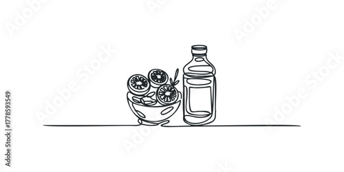 Continuous Line Drawing of Citrus Slices in Bowl and Bottle